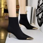 BIGTREE 319-A13 banquet women's boots European and American fashion and sexy thin heels satin metal pointed short boots short boots - Image 2