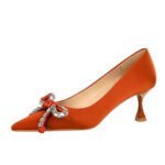 BIGTREE 1961-H61 European and American style light luxury rhinestone bow pointed head thin heel middle heel satin single shoes wine glass and women's single shoes - Image 5
