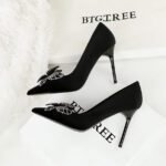 BIGTREE 3739-H62 Shining color double-layer bow decoration European and American high heels Xishi velvet super high heel shallow mouth women's shoes - Image 3