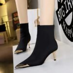 BIGTREE 319-A13 banquet women's boots European and American fashion and sexy thin heels satin metal pointed short boots short boots - Image 6
