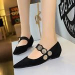 BIGTREE 3683-1K92 retro style versatile wedge heel suede low heel metal decoration one word with shallow mouth pointed women's single shoes - Image 6