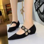 BIGTREE 3683-1K92 retro style versatile wedge heel suede low heel metal decoration one word with shallow mouth pointed women's single shoes