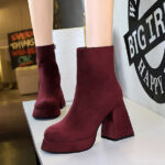 BIGTREE 7992-3 European and American fashion trend women's boots thick heel super high heel waterproof table round head side zipper winter suede short boots