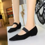 BIGTREE 3683-11 Korean version retro simple and versatile low-heeled wedge heel light mouth pointed suede elastic band one-word belt single shoes women - Image 3