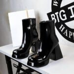 BIGTREE 7992-1 European and American retro women's boots short thick heel super high heel glossy side zipper round head glossy patent leather short boots