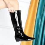 BIGTREE 6632-36 European and American wide-tube women's boots, rear zipper, small square head, middle heel, and inner heel heightening glossy patent leather high boots - Image 3