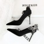 BIGTREE 3739-H62L Korean high heels side bow rhinestone Xi Shi velvet thin pointed toe shallow mouth super high heel shoes - Image 4