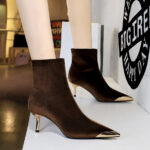 BIGTREE 319-A10 European and American style light luxury women's boots banquet short boots metal pointed pedicure thin Xishi velvet short boots