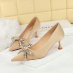 BIGTREE 1961-H61 European and American style light luxury rhinestone bow pointed head thin heel middle heel satin single shoes wine glass and women's single shoes - Image 3