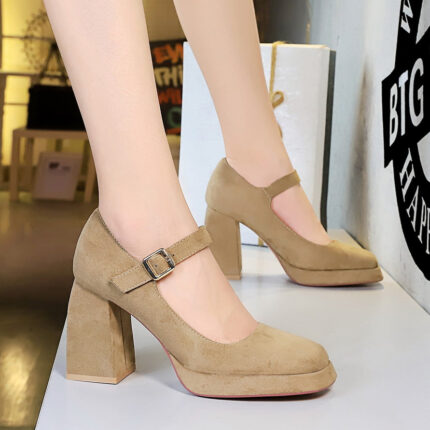 BIGTREE 9613-5 European and American style retro high heels, thick heels, waterproof platform, suede, shallow square scalp, belt buckle, one strap, single shoe woman