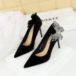 BIGTREE 3739-H62L Korean high heels side bow rhinestone Xi Shi velvet thin pointed toe shallow mouth super high heel shoes - Image 2