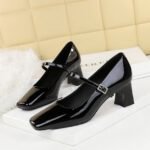 BIGTREE 6292 European and American style elegant women's shoes rhinestone word with square head heels patent leather glossy light mouth thick heel medium heel single shoes - Image 7
