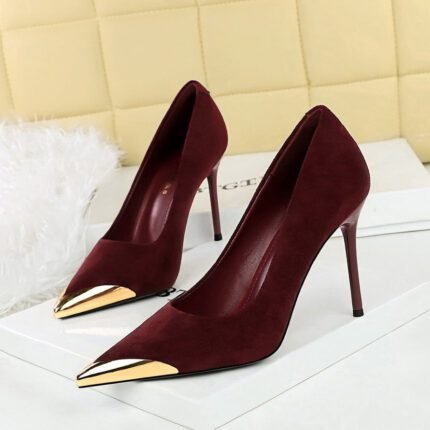 BIGTREE 3739-32 European and American style banquet women's shoes high heels thin heel suede light mouth metal pointed head iron head thin single shoes