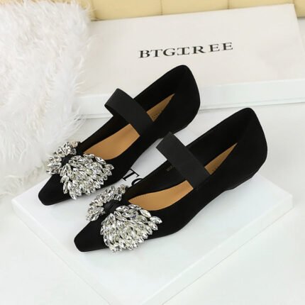BIGTREE 3683-H72 Korean version of light luxury elastic band one-pedal low-heeled women's single shoes dazzling rhinestone bow wedge-heeled women's shoes