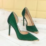 BIGTREE 8626-2 Ethnic style pointed head shallow mouth hollow high heels women's thin heel iron head metal decoration national style satin single shoes - Image 6