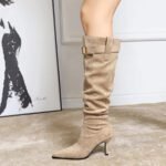 BIGTREE 158A-1 Winter pointed thin heel thin boots women's stacking boots belt buckle pleated high heel boots thin boots - Image 3