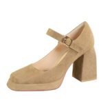 BIGTREE 9613-5 European and American style retro high heels, thick heels, waterproof platform, suede, shallow square scalp, belt buckle, one strap, single shoe woman - Image 5