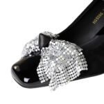 BIGTREE 5296-H65 Korean version one word with rhinestone buckle Mary Jane single shoes square head thick heel sequined bow medium heel women's shoes - Image 4